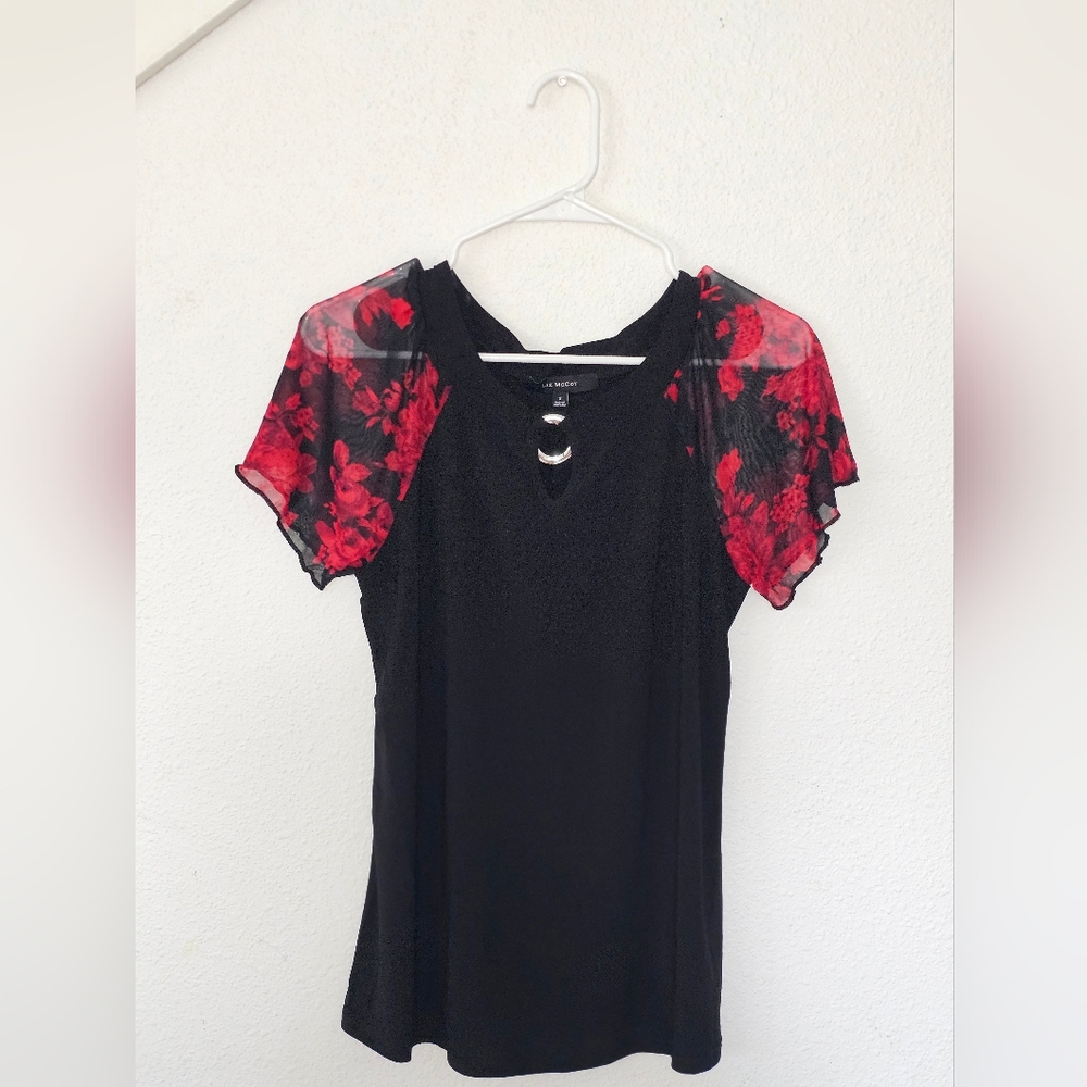 McCoy Black Tee with Red Floral Sheer Sleeves